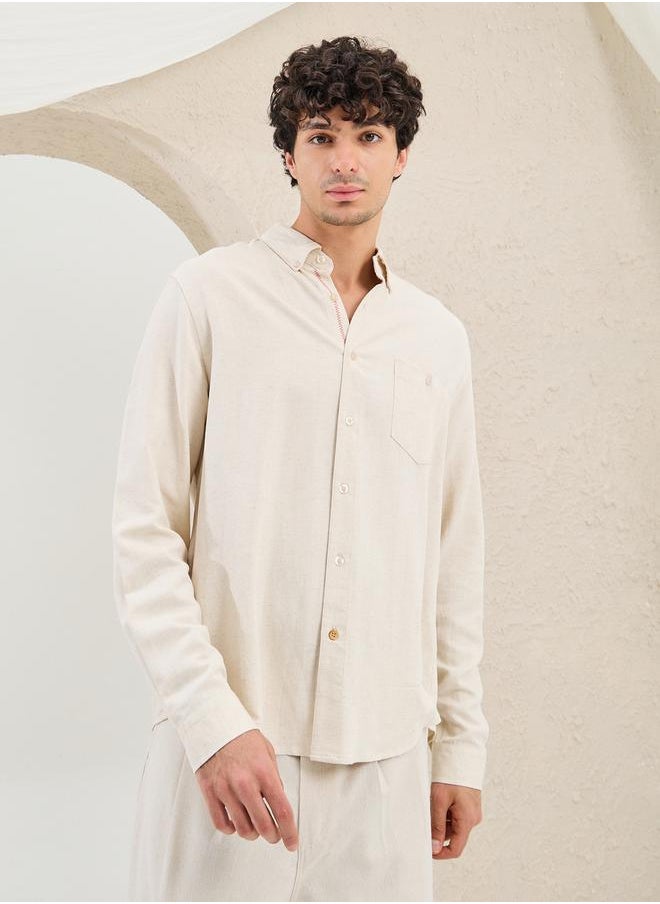 Regular Fit Linen Blend Shirt with Contrast Stitch Detail