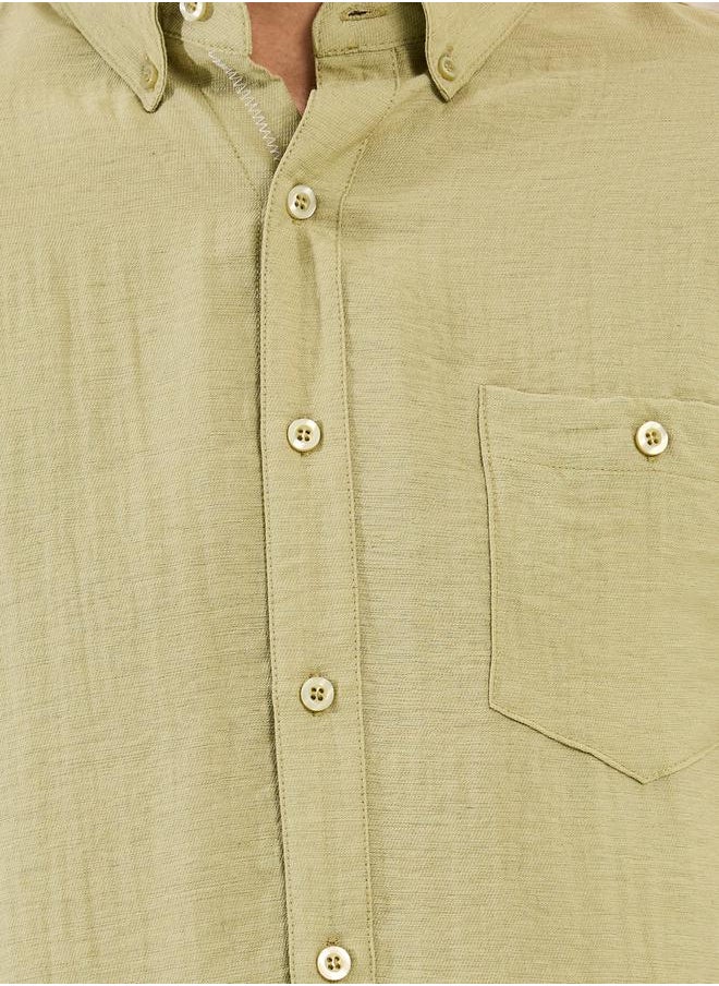 Regular Fit Linen Blend Shirt with Contrast Stitch Detail