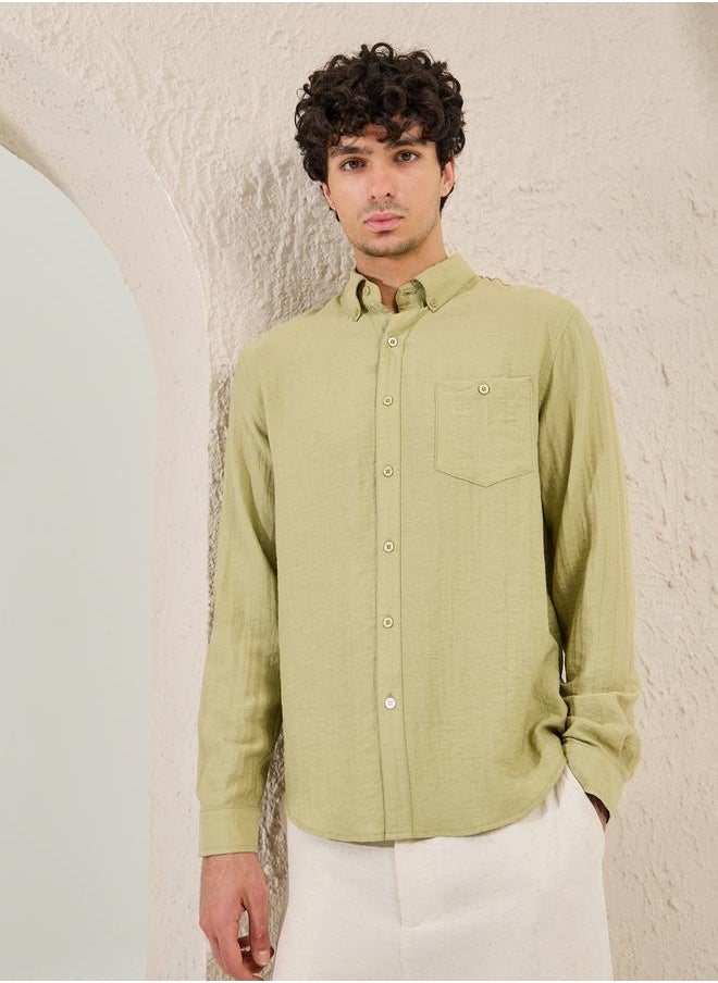 Regular Fit Linen Blend Shirt with Contrast Stitch Detail