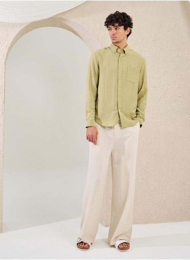 Regular Fit Linen Blend Shirt with Contrast Stitch Detail