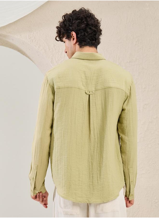 Regular Fit Linen Blend Shirt with Contrast Stitch Detail