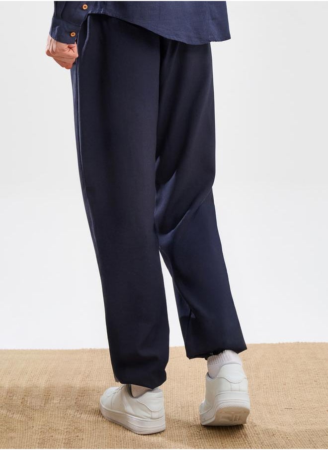 Solid Linen Blend Balloon Fit Trousers with Turn-Up Detail