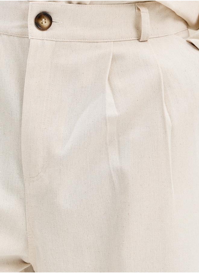 Solid Linen Blend Pleated Oversized Fit Trousers
