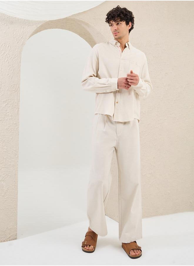 Solid Linen Blend Pleated Oversized Fit Trousers