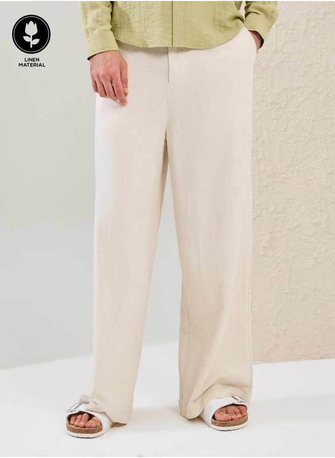 Plain Linen Blend Wide Leg Trousers