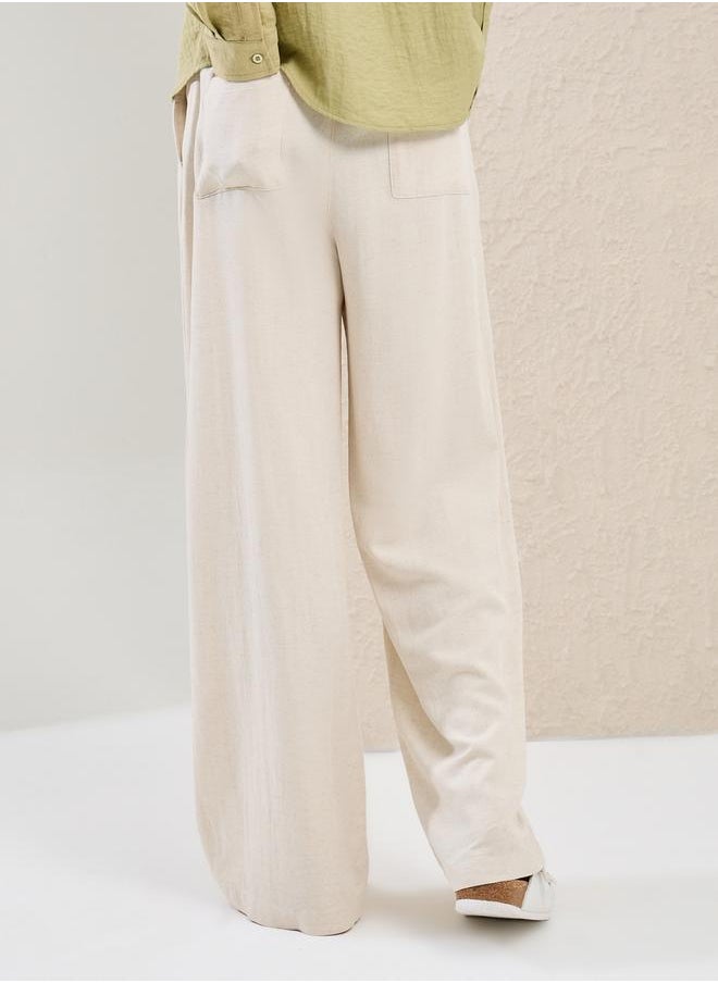 Plain Linen Blend Wide Leg Trousers