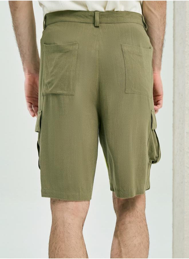 Plain Linen Blend Relaxed Fit Cargo Shorts