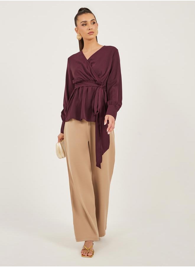 Styli Balloon Sleeve Wrap Top With Tie-Up Waist Detail