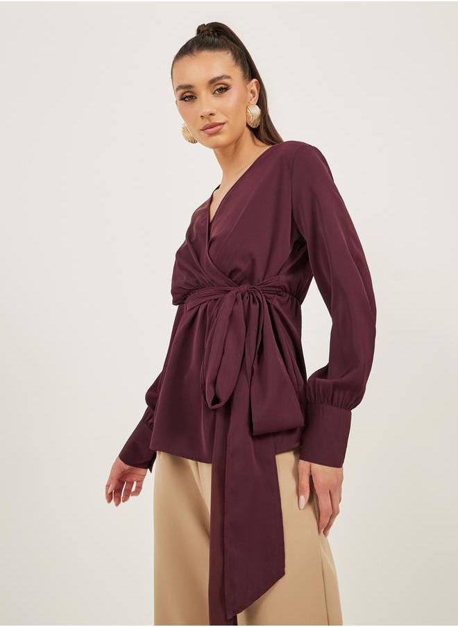 Styli Balloon Sleeve Wrap Top With Tie-Up Waist Detail