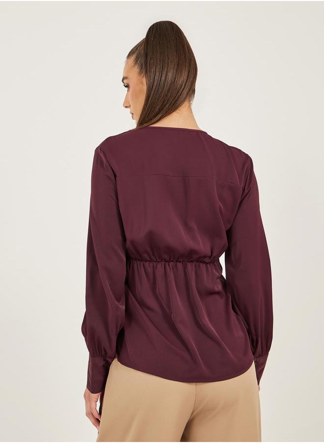 Styli Balloon Sleeve Wrap Top With Tie-Up Waist Detail