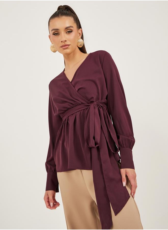 Styli Balloon Sleeve Wrap Top With Tie-Up Waist Detail