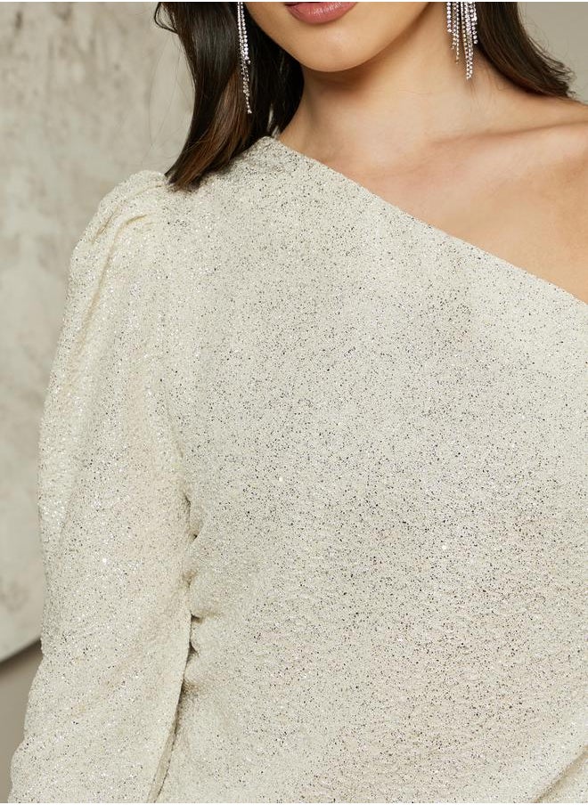 Styli Shimmer Knit One Shoulder Puff Sleeve Top