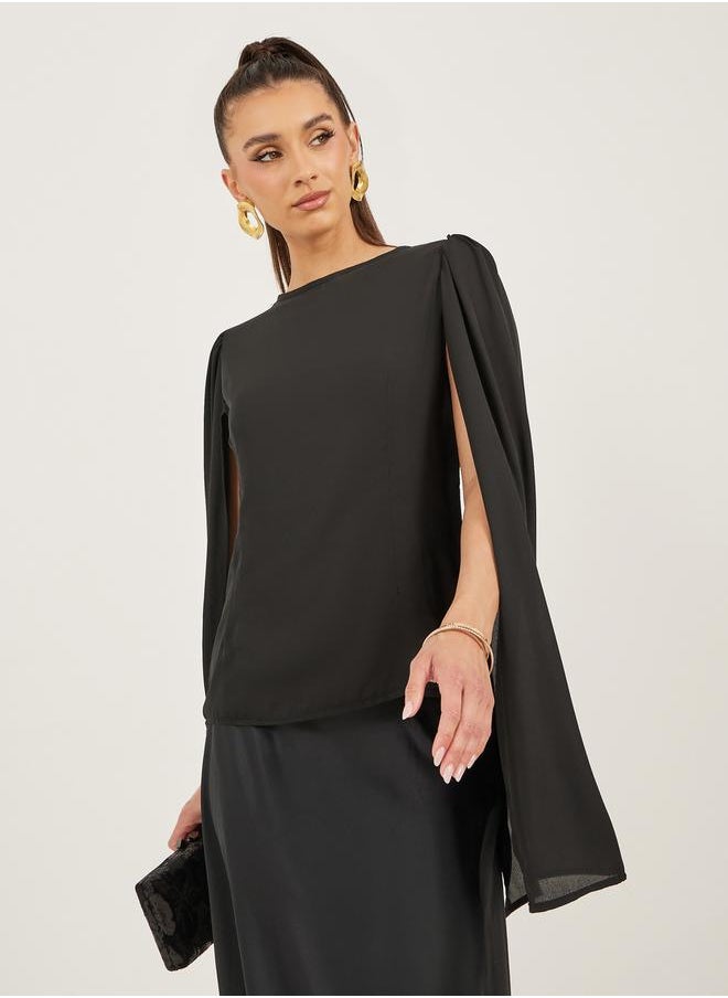 Styli Solid Round Neck Cape Sleeve Blouse