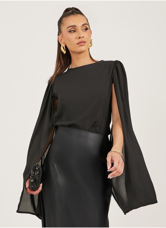 Styli Solid Round Neck Cape Sleeve Blouse
