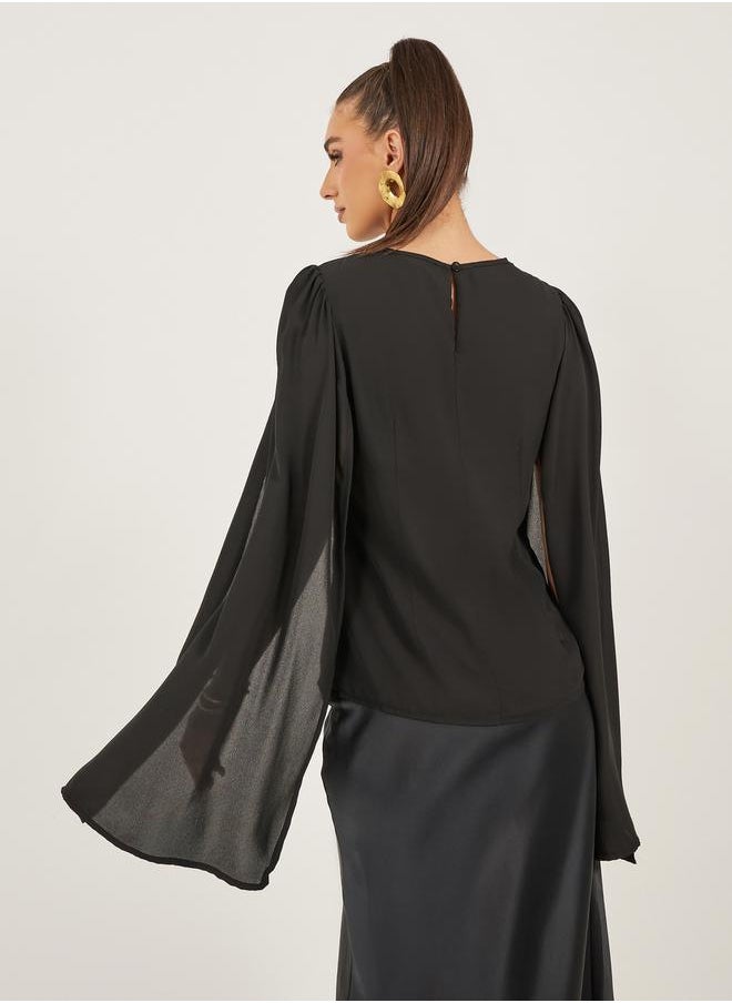 Styli Solid Round Neck Cape Sleeve Blouse