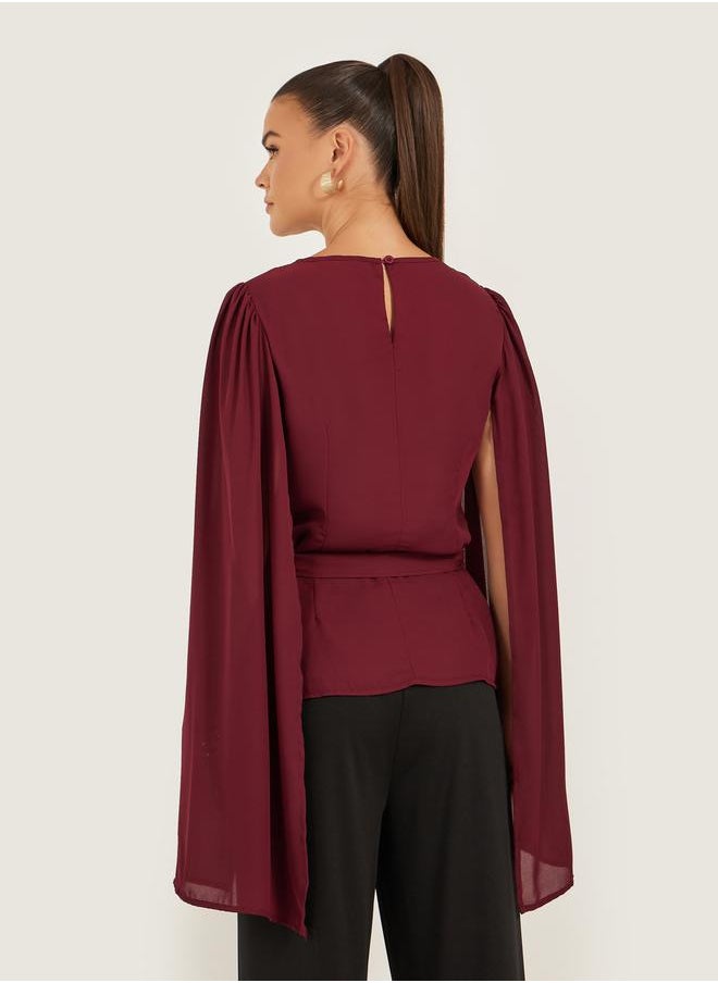 Styli Solid Round Neck Cape Sleeve Blouse