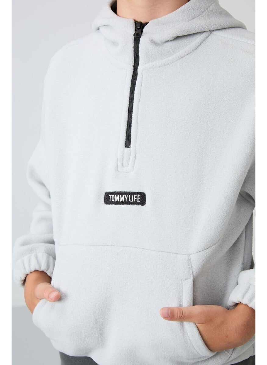 Stone Thick Soft Texture Standard Fit Embroidered Polar Fleece Boy Sweatshirt - 11230