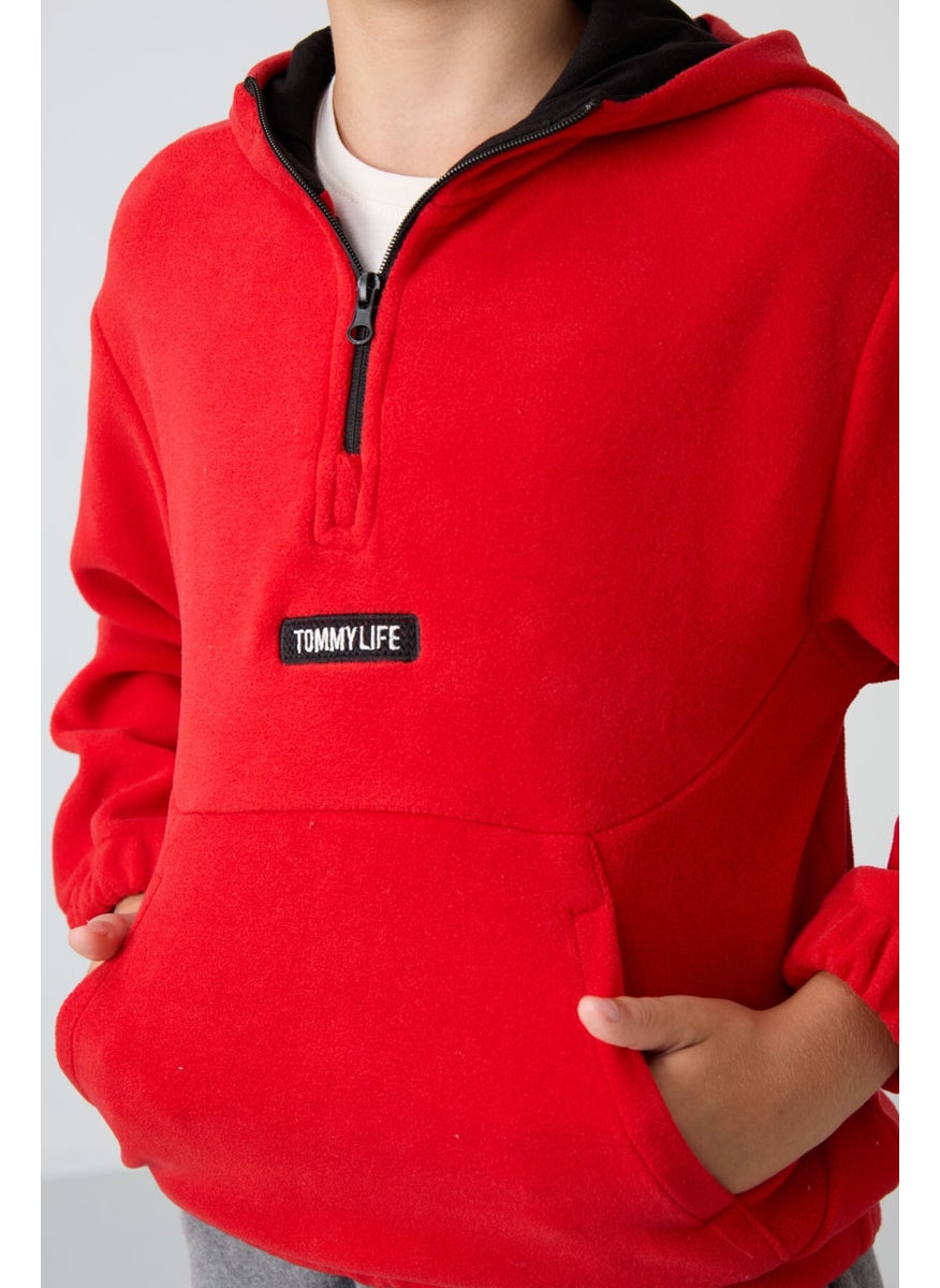 Red Thick Soft Texture Standard Fit Embroidered Polar Fleece Boy Sweatshirt - 11230