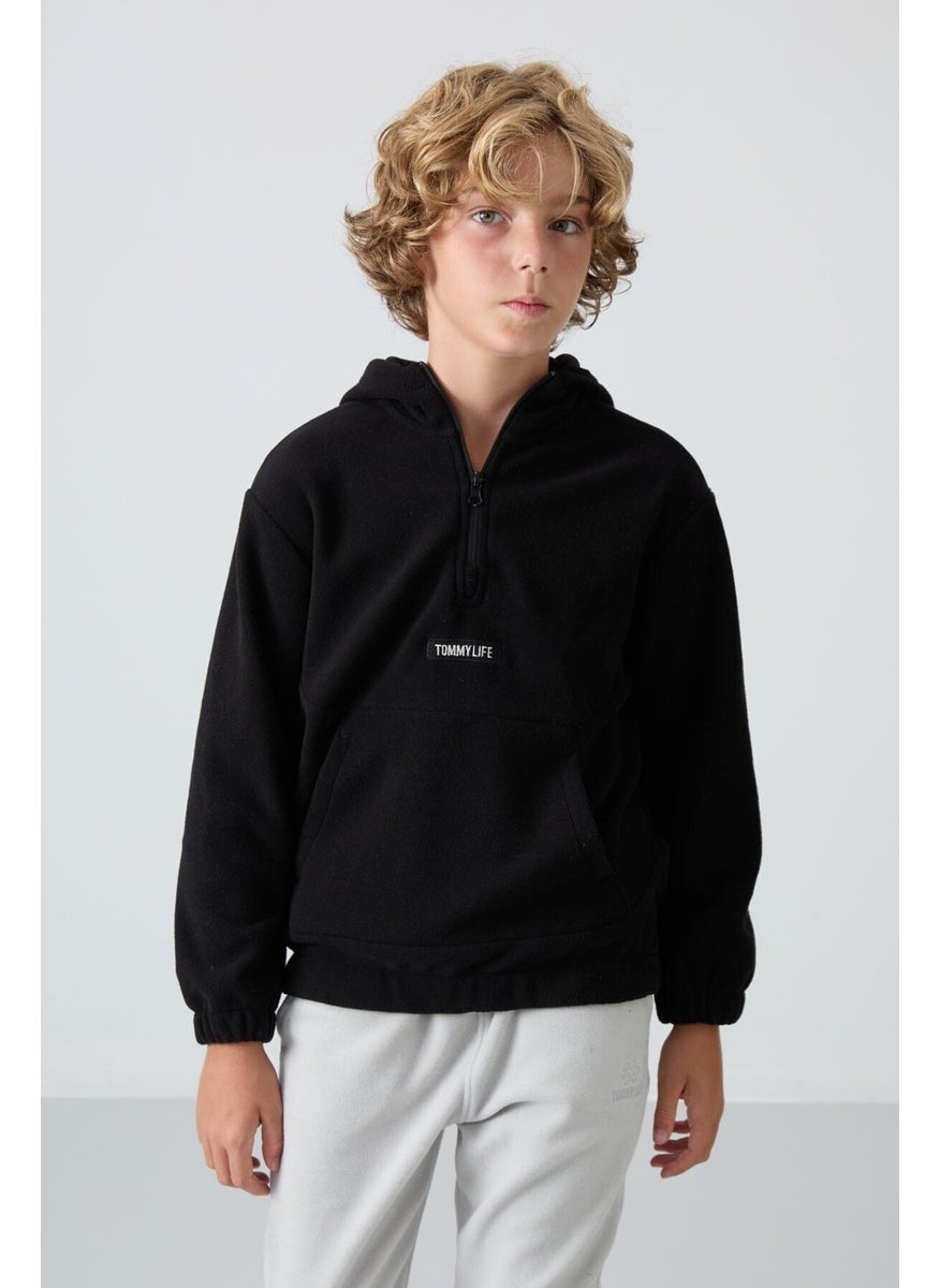 Black Thick Soft Texture Standard Fit Embroidered Polar Fleece Boy Sweatshirt - 11230
