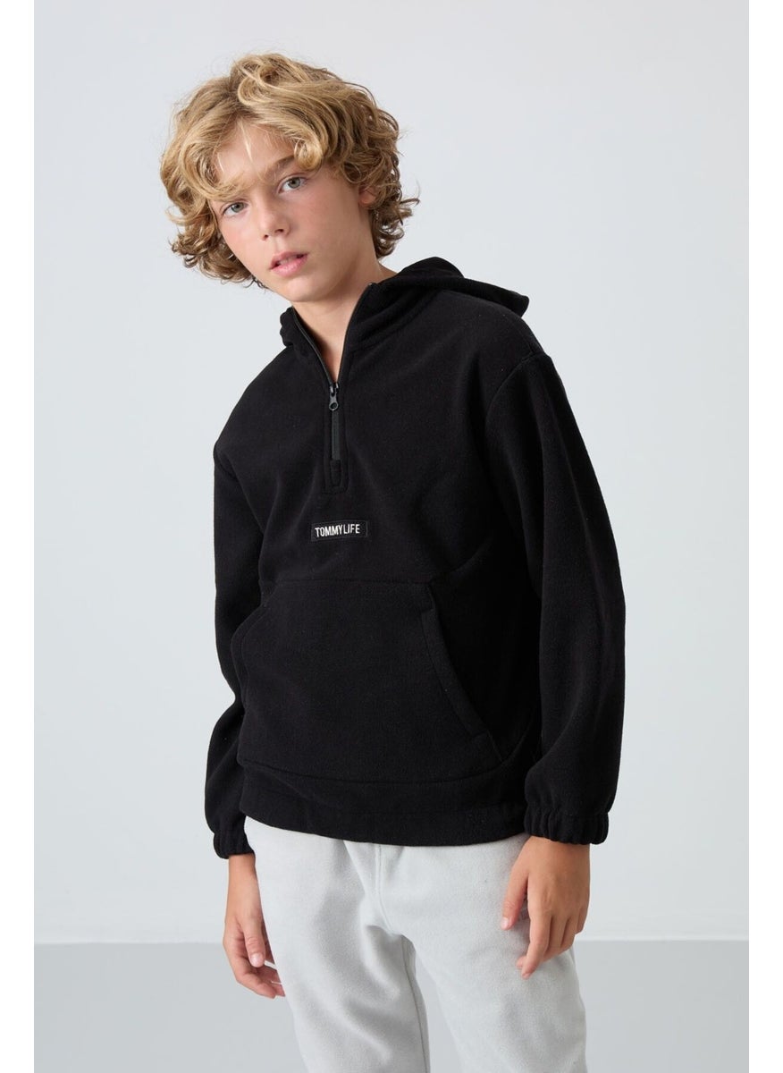 Black Thick Soft Texture Standard Fit Embroidered Polar Fleece Boy Sweatshirt - 11230