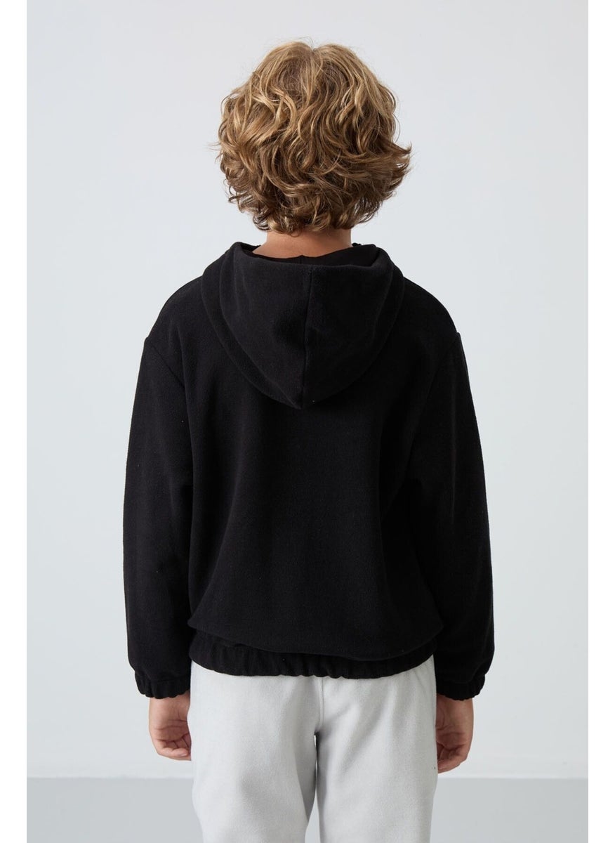 Black Thick Soft Texture Standard Fit Embroidered Polar Fleece Boy Sweatshirt - 11230