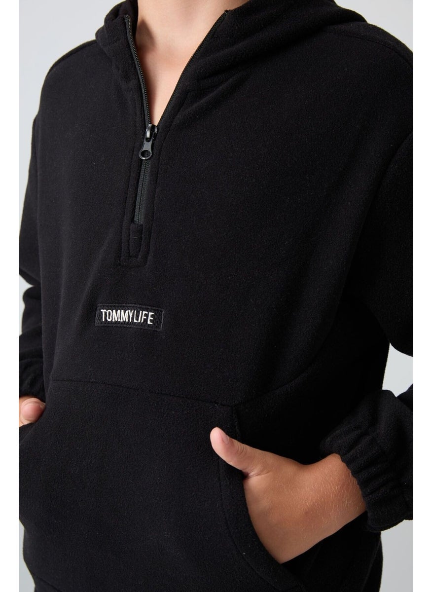 Black Thick Soft Texture Standard Fit Embroidered Polar Fleece Boy Sweatshirt - 11230