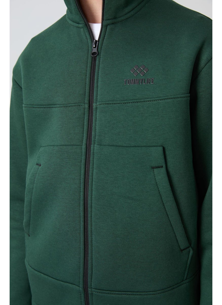 Pine Green Cotton Thick Fluffy Soft Textured Standard Fit Embroidered Boy's Sweater - 11245