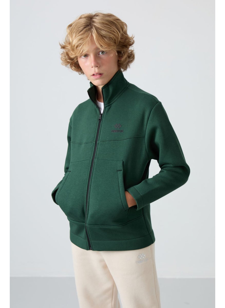 Pine Green Cotton Thick Fluffy Soft Textured Standard Fit Embroidered Boy's Sweater - 11245