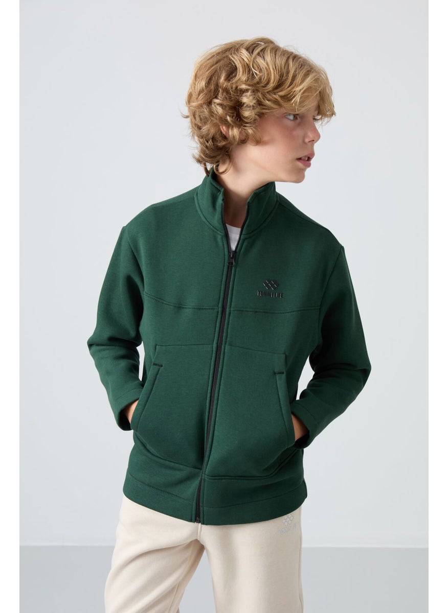 Pine Green Cotton Thick Fluffy Soft Textured Standard Fit Embroidered Boy's Sweater - 11245
