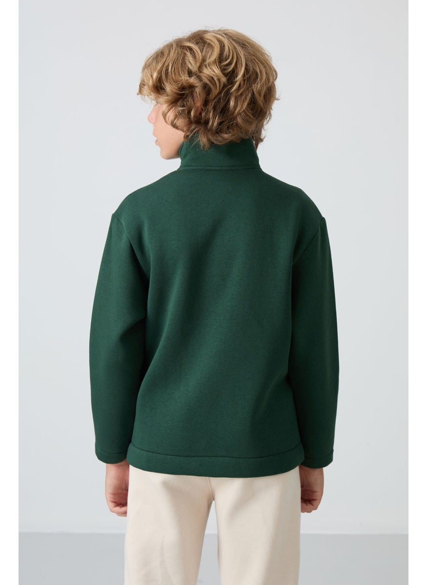 Pine Green Cotton Thick Fluffy Soft Textured Standard Fit Embroidered Boy's Sweater - 11245