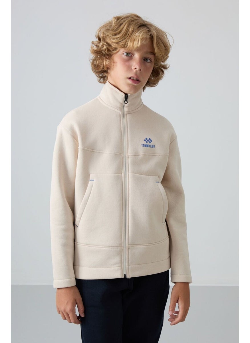 Beige Cotton Thick Fluffy Soft Texture Standard Fit Embroidered Boy's Sweatshirt - 11245