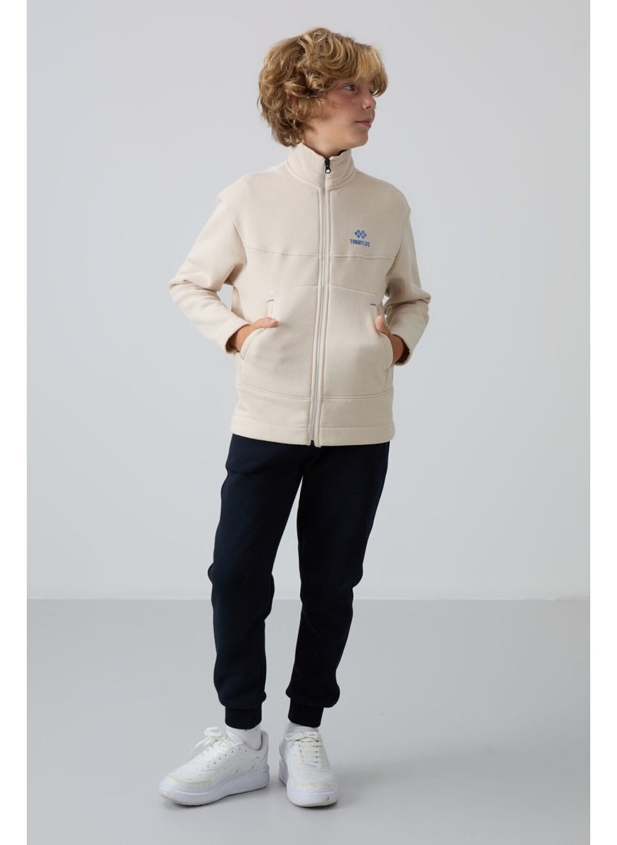 Beige Cotton Thick Fluffy Soft Texture Standard Fit Embroidered Boy's Sweatshirt - 11245