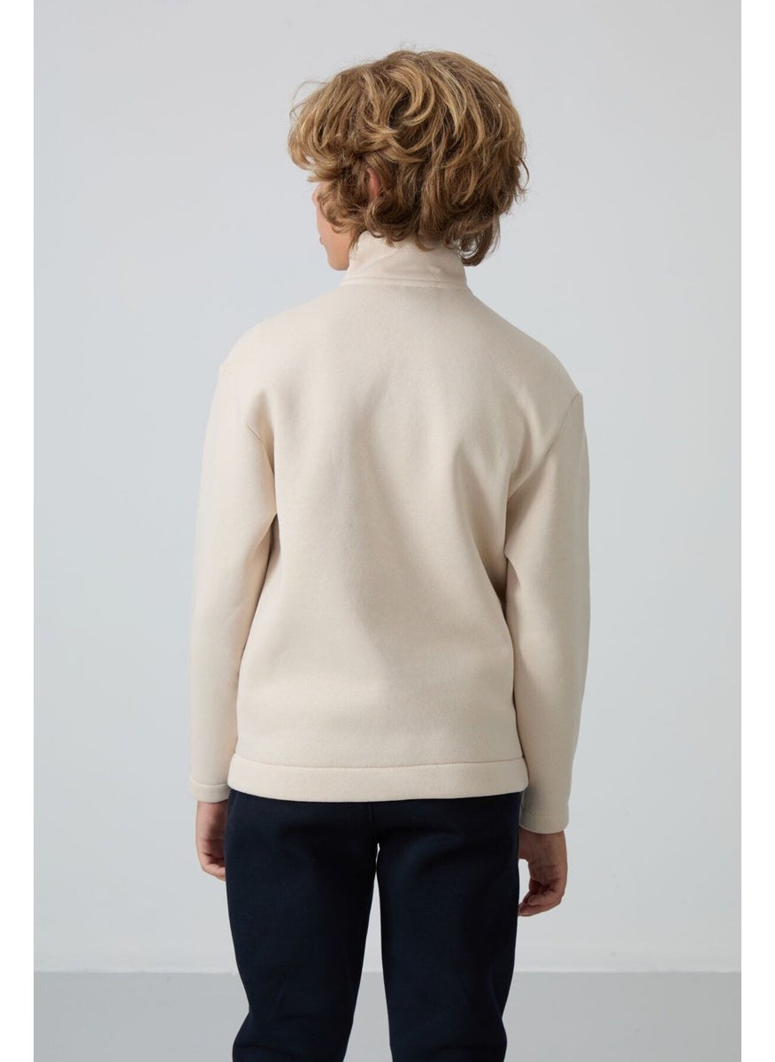 Beige Cotton Thick Fluffy Soft Texture Standard Fit Embroidered Boy's Sweatshirt - 11245