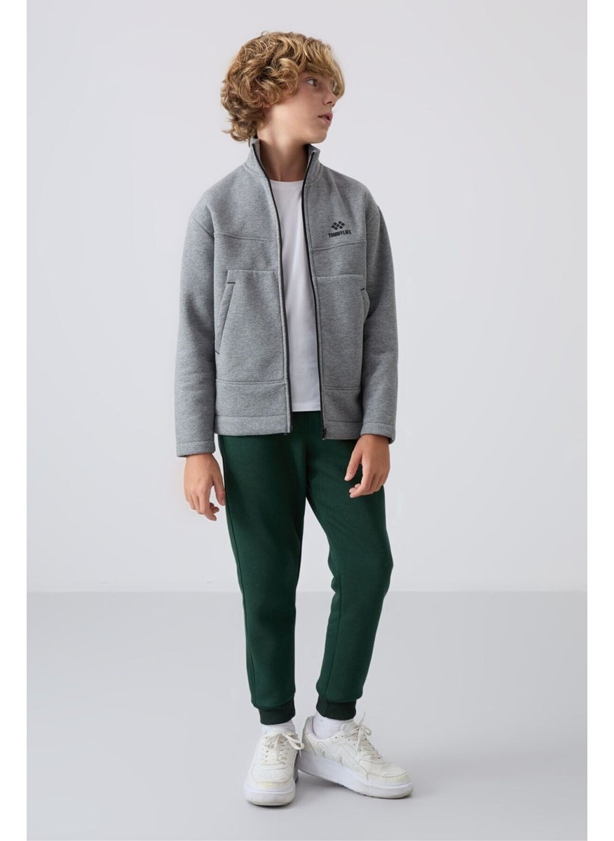 Gray Melange Cotton Thick Fluffy Soft Textured Standard Fit Embroidered Boy's Sweatshirt - 11245