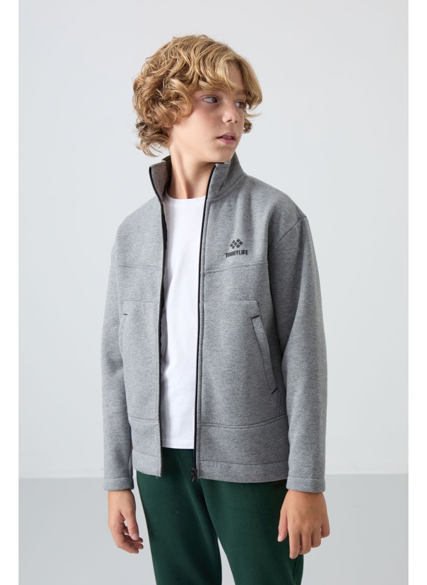 Gray Melange Cotton Thick Fluffy Soft Textured Standard Fit Embroidered Boy's Sweatshirt - 11245