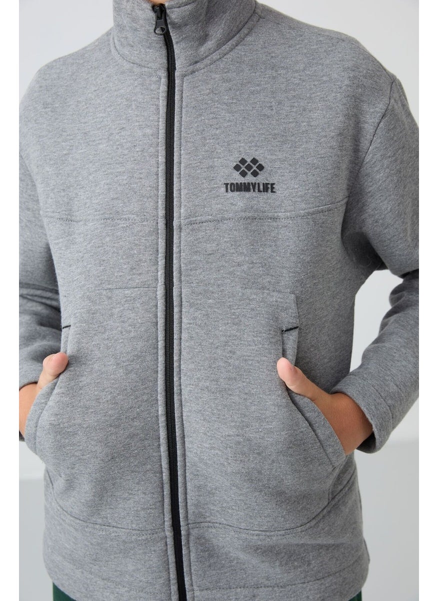 Gray Melange Cotton Thick Fluffy Soft Textured Standard Fit Embroidered Boy's Sweatshirt - 11245