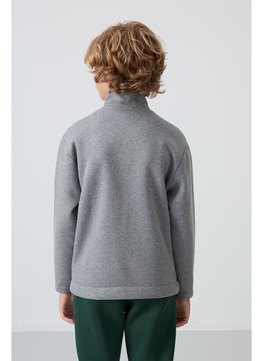 Gray Melange Cotton Thick Fluffy Soft Textured Standard Fit Embroidered Boy's Sweatshirt - 11245