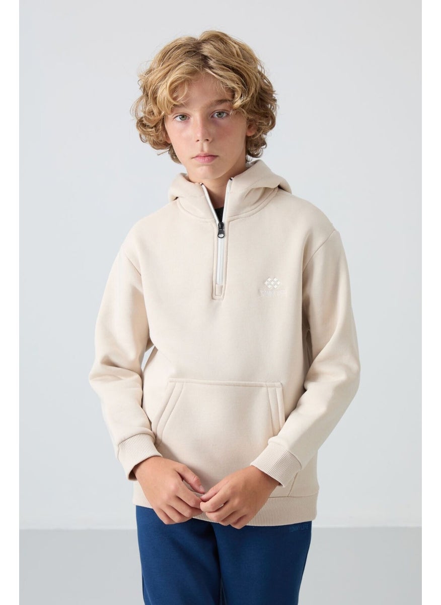 Beige Cotton Thick Fluffy Soft Texture Standard Fit Embroidered Boy's Sweatshirt - 11244