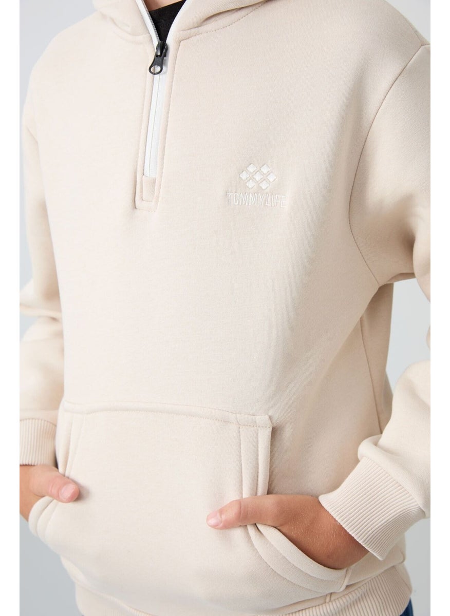 Beige Cotton Thick Fluffy Soft Texture Standard Fit Embroidered Boy's Sweatshirt - 11244