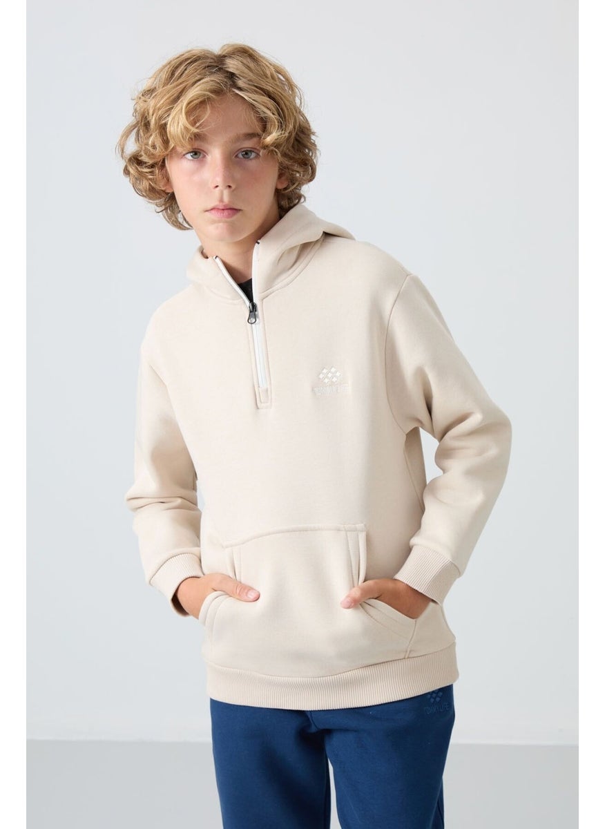 Beige Cotton Thick Fluffy Soft Texture Standard Fit Embroidered Boy's Sweatshirt - 11244