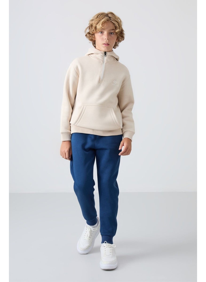 Beige Cotton Thick Fluffy Soft Texture Standard Fit Embroidered Boy's Sweatshirt - 11244