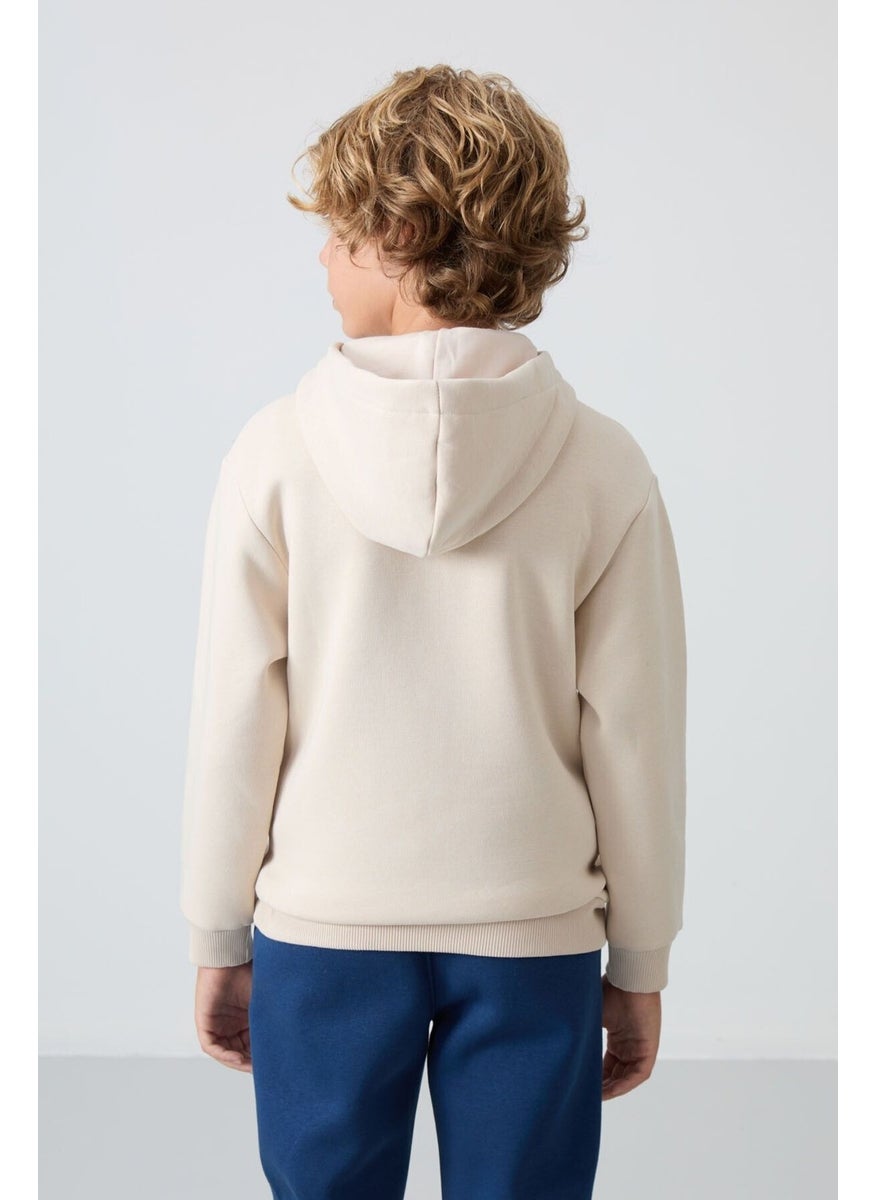 Beige Cotton Thick Fluffy Soft Texture Standard Fit Embroidered Boy's Sweatshirt - 11244