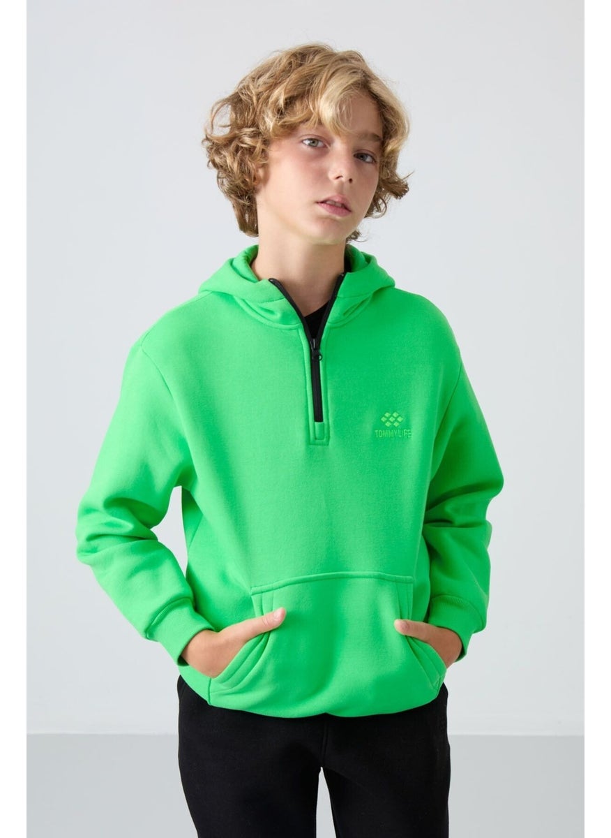 Neon Green Cotton Thick Fluffy Soft Textured Standard Fit Embroidered Boy's Sweatshirt - 11244