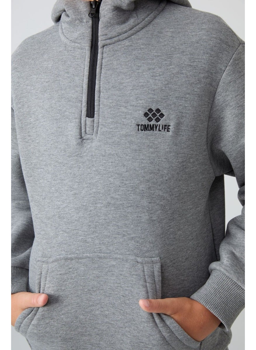 Gray Melange Cotton Thick Fluffy Soft Textured Standard Fit Embroidered Boy's Sweatshirt - 11244