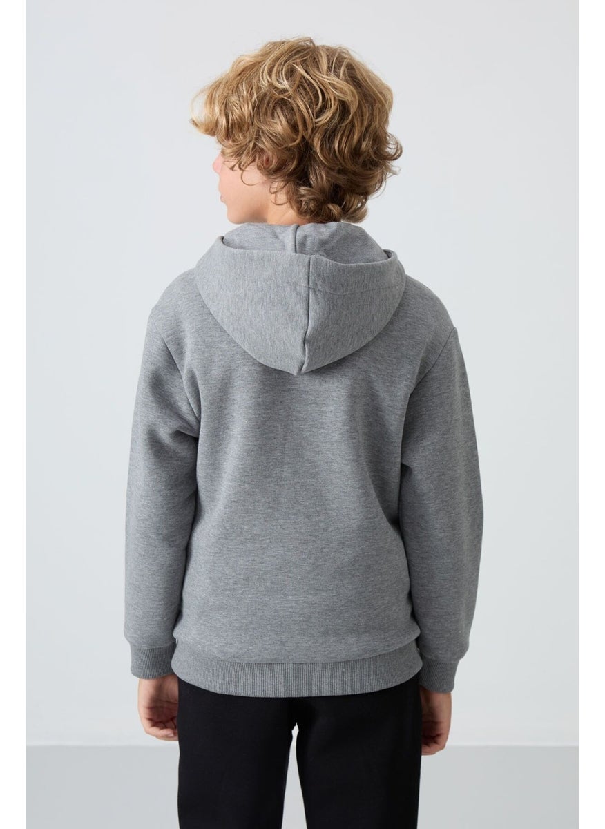 Gray Melange Cotton Thick Fluffy Soft Textured Standard Fit Embroidered Boy's Sweatshirt - 11244