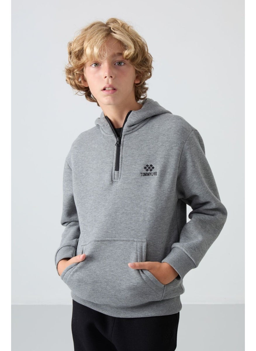 Gray Melange Cotton Thick Fluffy Soft Textured Standard Fit Embroidered Boy's Sweatshirt - 11244