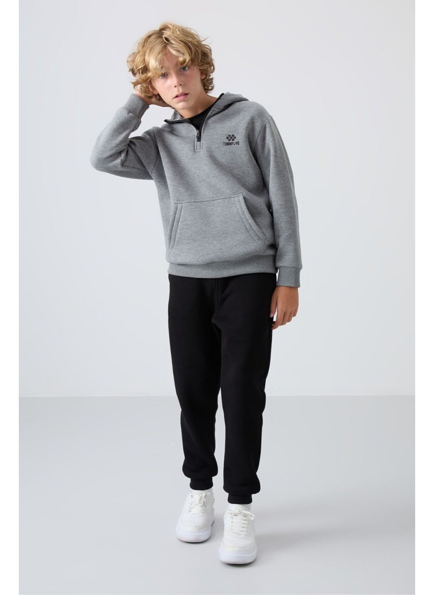 Gray Melange Cotton Thick Fluffy Soft Textured Standard Fit Embroidered Boy's Sweatshirt - 11244