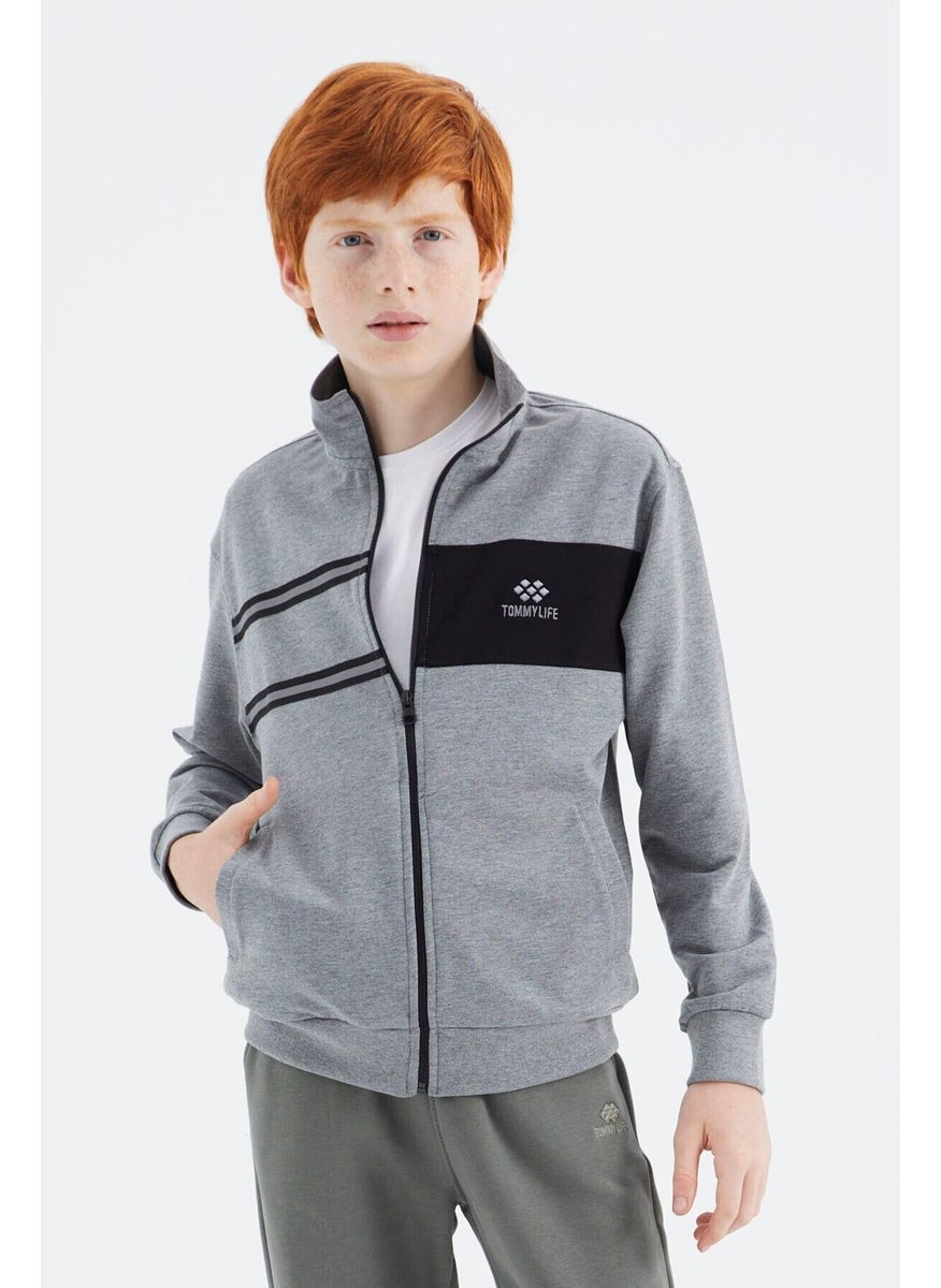 Gray Melange Stand Collar Boy Sweatshirt - 11183