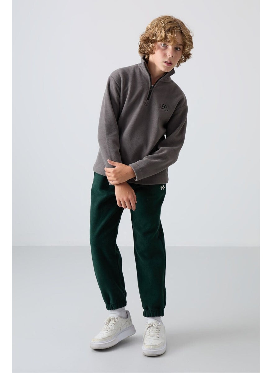 Dark Grey Thick Soft Texture Standard Fit Embroidered Polar Fleece Boy's Sweatshirt - 11221