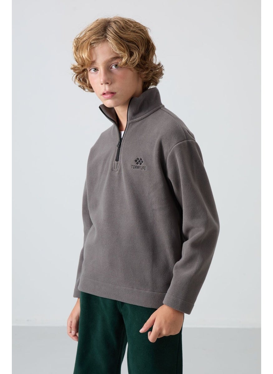 Dark Grey Thick Soft Texture Standard Fit Embroidered Polar Fleece Boy's Sweatshirt - 11221